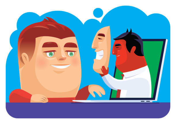 vector illustration of boy video chatting with evil man who is holding mask