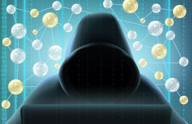 Cryptocurrency blockchain realistic miner in black hood behind computer against digital screen and bitcoins net